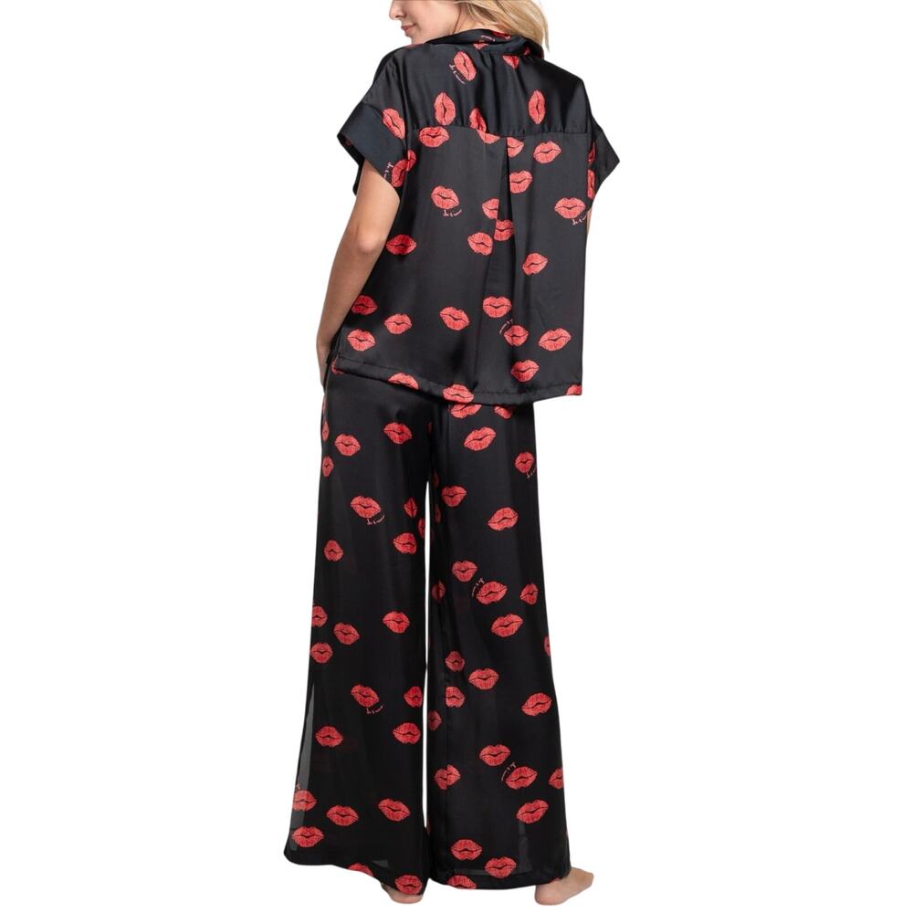 Midnight Bakery Kiss Print Satin Long Pajama Set, Black Red, Women's XL, NWT - Picture 5 of 11